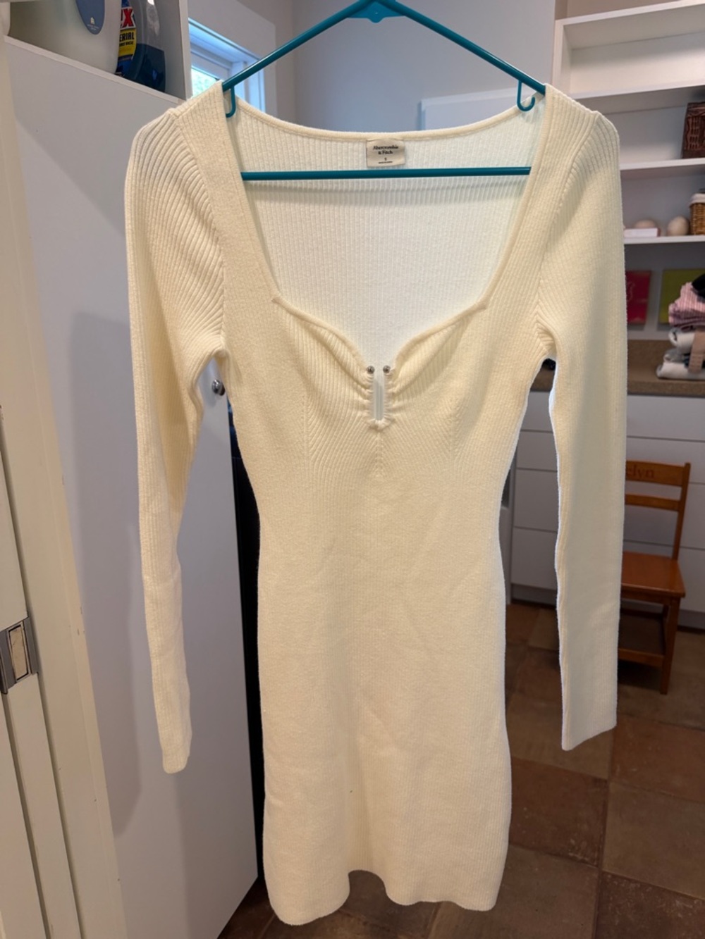 Cream Long-Sleeve Ribbed Knit Dress with front detail